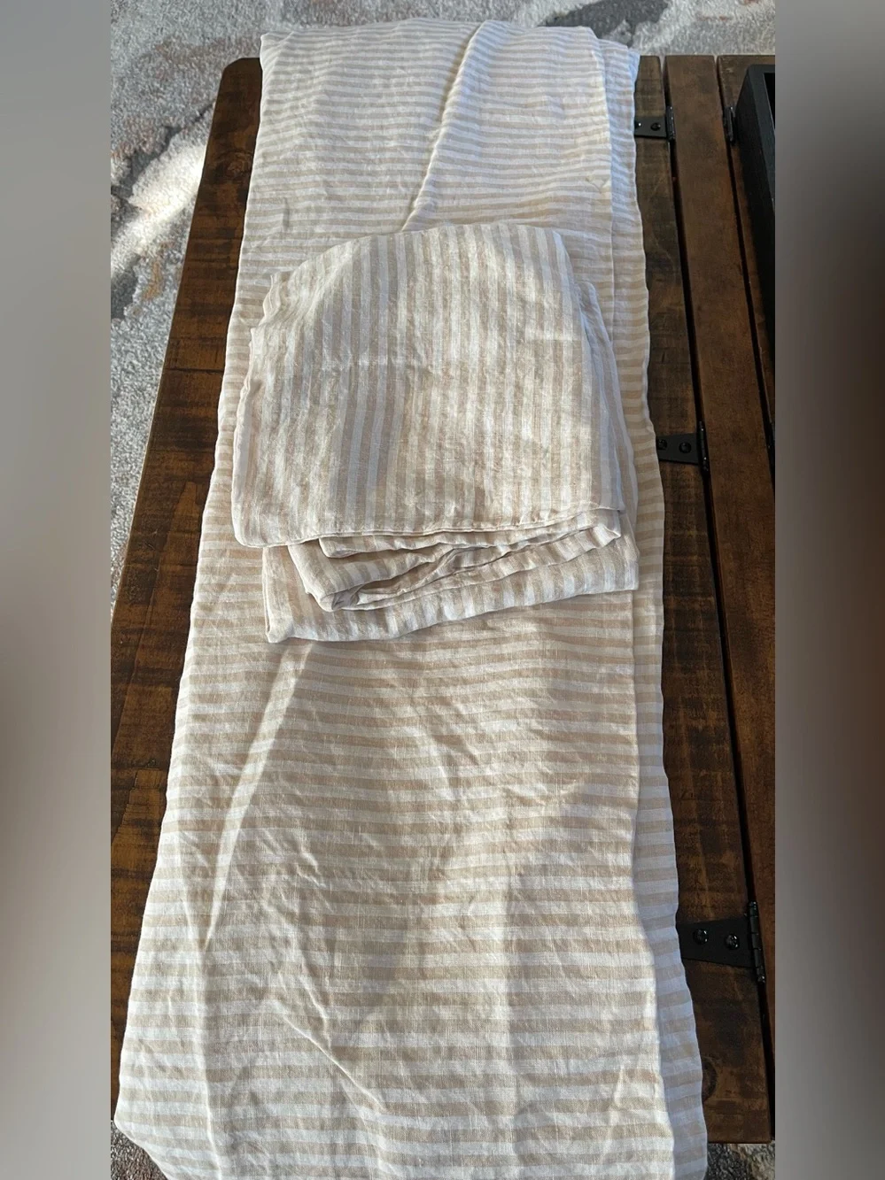 NWOT Quince European Linen Stripe  3 Pc Duvet Cover Set, K/Cal (Natural/White)
